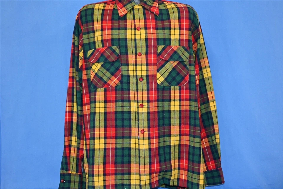 CAMISA DE HOMBRE VINTAGE AÑOS 50 ROOS BROS VERDE ROJO AMARILLO CUELLO BUCLE A CUADROS L Foto 2 de 4