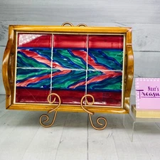 Gail Pittman RED AZALES  / FLAMES Painted Tiles Wooden Handles 1995 Serving Tray