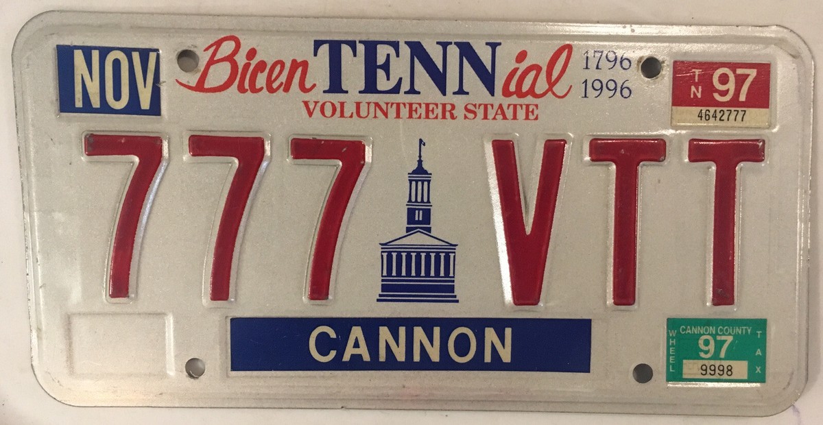 Tennessee TRIPLE DIGIT 7 license plate repeating number 777 VTT