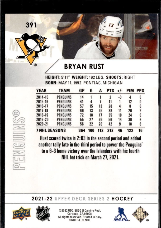 2021-22 Upper Deck #391 Bryan Rust - Image 2 of 2