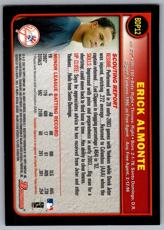 2003 Bowman Draft Picks & Prospects Erick Almonte New York Yankees #BDP12 - Image 2 of 2