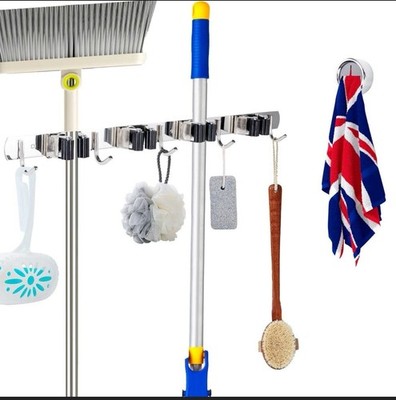 Wall Mount Broom Mop Holder Stainless Steel 4 Racks 5 Hooks Heavy Duty Organizer