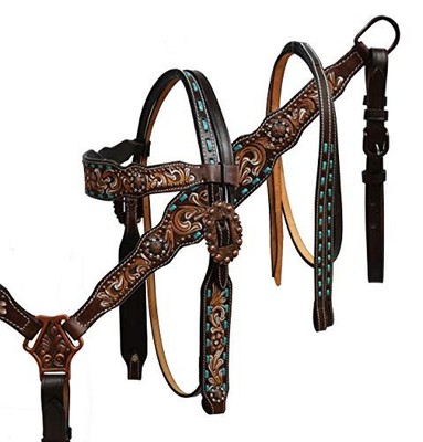 Showman Hand Painted Floral Tool Headstall & Breast Collar Set w/Teal Buckstitch