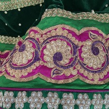 Lehenga Full Length Skirt Velvet Trim Fits L XL 36  Waist Poms Lace Green Ethnic