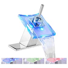 Bathroom Faucet LED Light Waterfall 3 Colors Changing Glass Spout Bathroom Si...