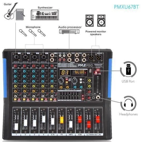 Pyle 6Ch Bluetooth Studio DJ Controller Audio Mixer Console System/ PMXU67BT - Image 2 of 4