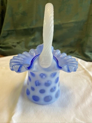 Fenton Glass Provincial Blue Opalescent Coin Dot Handled Ruffled Top Hat