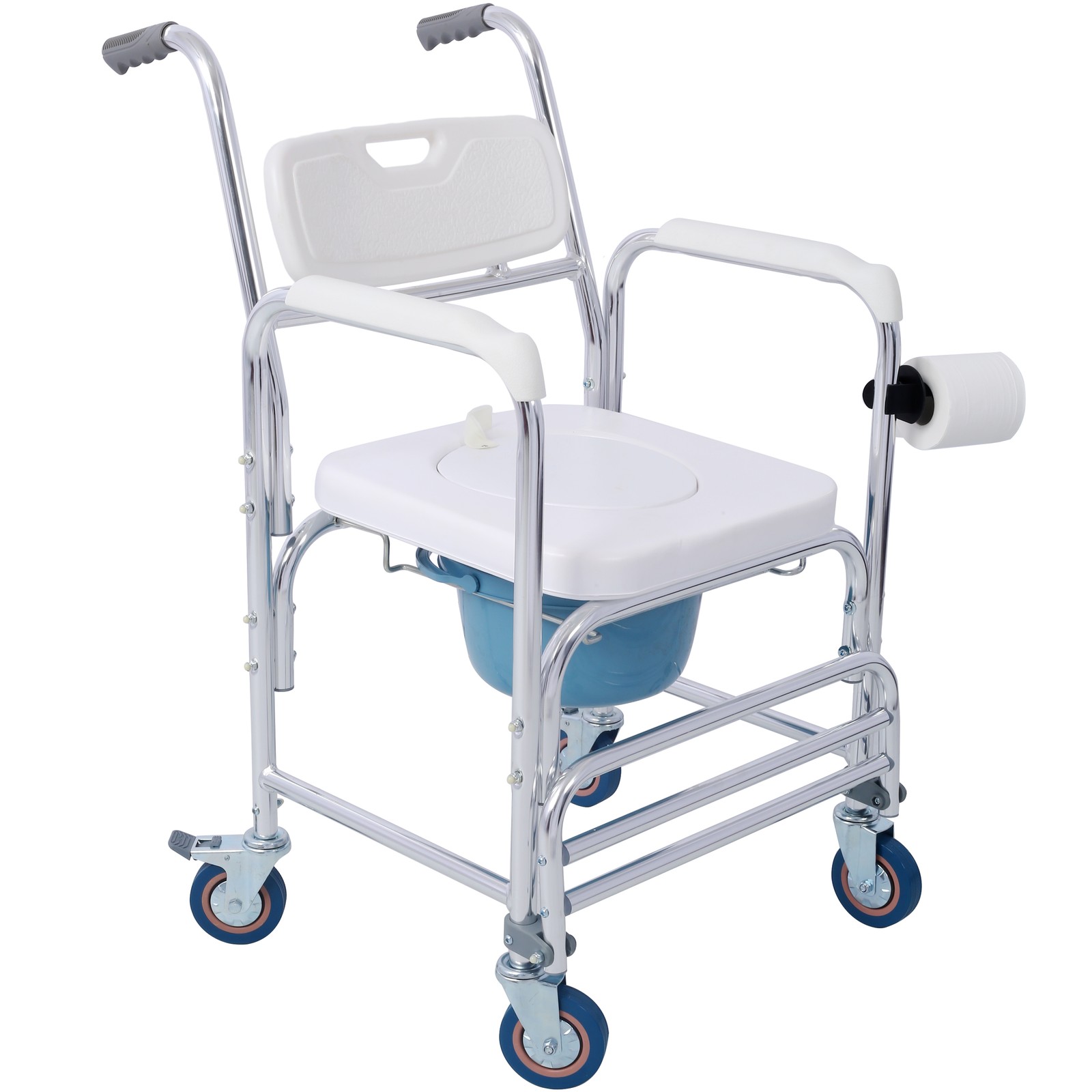4in1 Bedside Commode Chair Transport Shower Toilet Rolling Wheelchair w/4 Caster