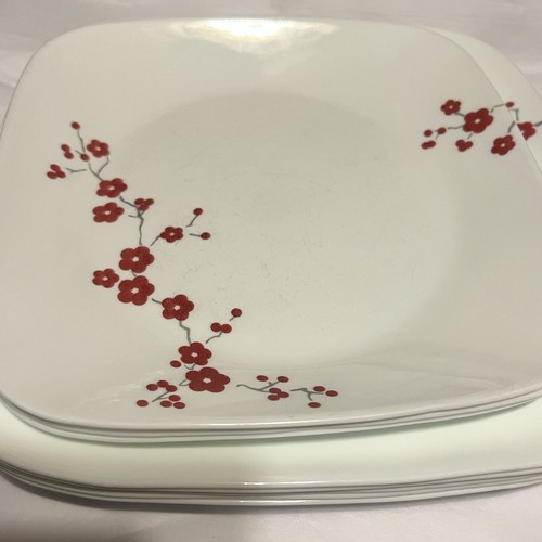 Corelle Vitrelle Hanami Gardens Red Flowers Square 14 Piece Set Plates Bowls - Picture 6 of 14