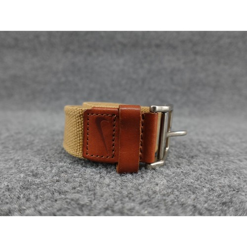 Nike Golf Web Belt Mens 38 Tan Good Leather Trim Canvas Swoosh Logo Athletic