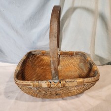 Asian Woven Basket Willow Wood Handle Gathering Basket 16 x 13 1/4" x 17", Nice!