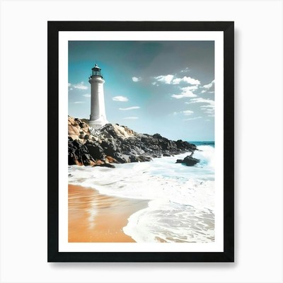 Leuchtturm am Strand 1 Kunstdruck gerahmt Wandbild Poster Leinwanddruck Bild