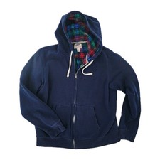 LANDS END Men's Serious Sweats Navy Blue Flannel Lined Hoodie Size XlL
