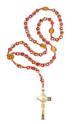 St. Benedict Rosary Necklace with Clear Red Crystal Shiny Beads and Gold Cross