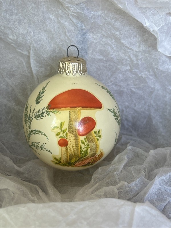 Vintage Glass Christmas Ornament West Germany With Mushroom Decal And Glitter