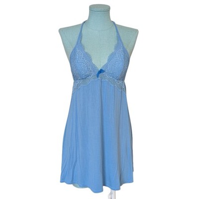 Vintage Victoria's Secret Negligee blau Spitze Neckholder weich Stretch Baumwolle 12