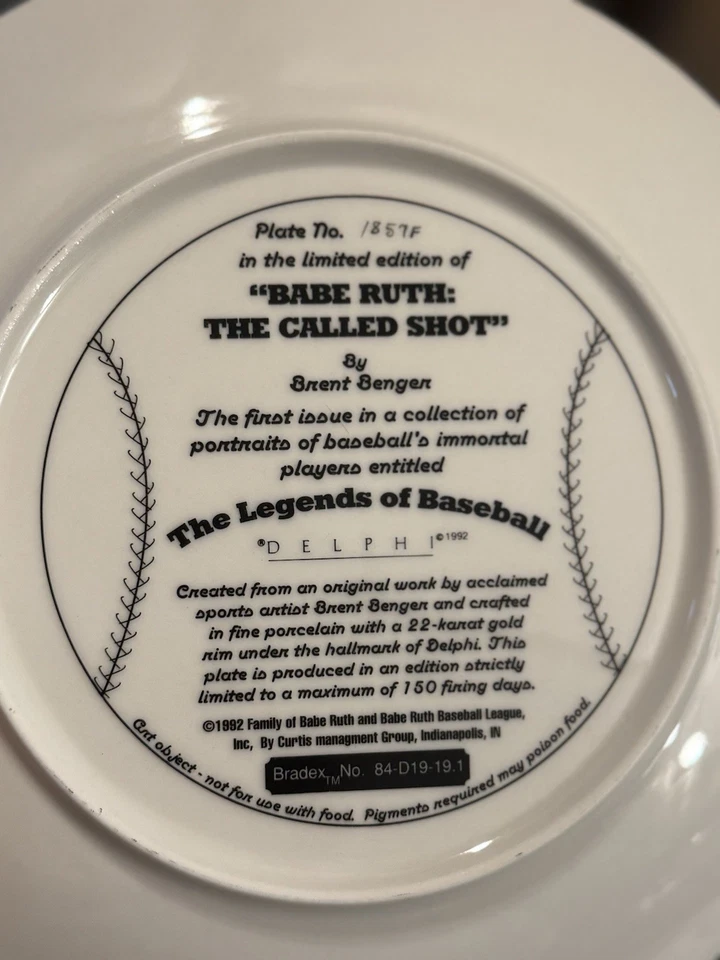 1992 Delphi The Legends of Baseball Babe Ruth: The Called Shot Decorative Plate - Image 3 of 4