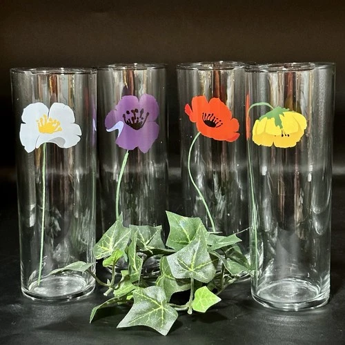 Anchor Hocking Poppies Tom Collins Highball Tumblers Vintage Set Of 4*