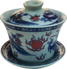 Gaiwan 5.5Oz Chinese Teacup Qinghua Porcelain Cup Dragon Phoenix Gongfu Tea Set