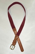 Vintage Coach 3812 Natural Linen Belt Maroon Brown Leather Brass Buckle 32  