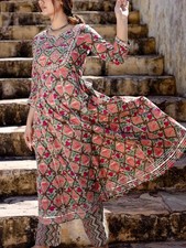 Green Floral Printed Anarkali Kurta Pant Set for Women Cotton Ethnic Wear Plus S