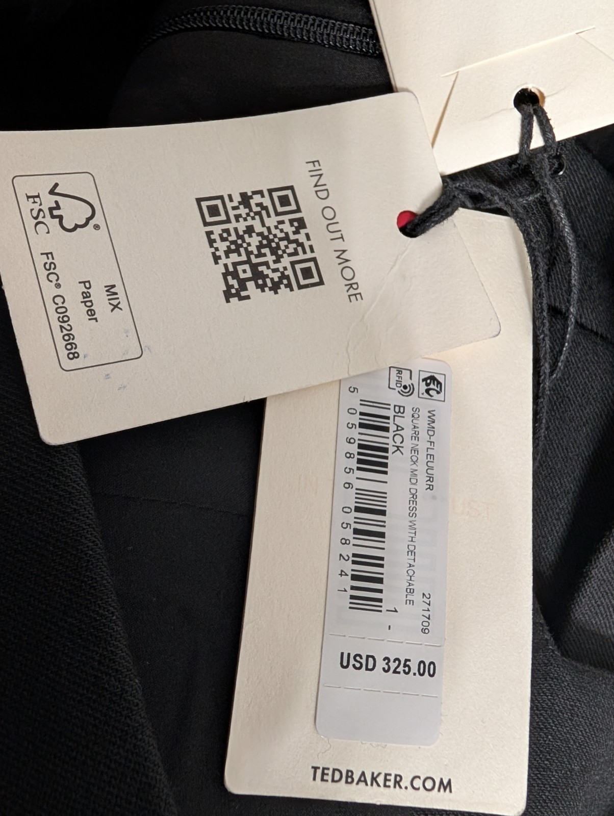 Ted Baker Fleurrr Square Neck Midi Black Dress Peplum Size 1 US 2 Minimalist 