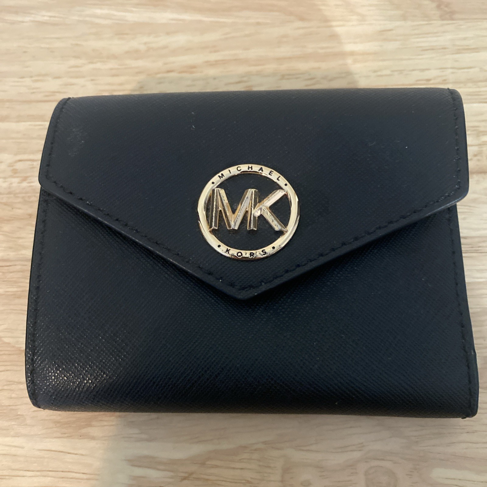 Michael Kors Black Compact Wallet Gold Logo Signature Trifold Preowned