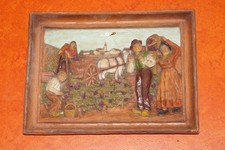 altes Holzbild geschnitzt Weinlese Weinernte handgemalt Bild SIC