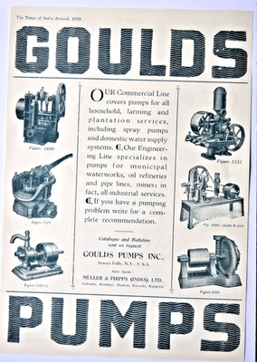 VINTAGE ANZEIGE aus ''TIMES OF INDIA'' 1929 WRIGHTS KOHLETEERSEIFE / GOULDS PUMPS