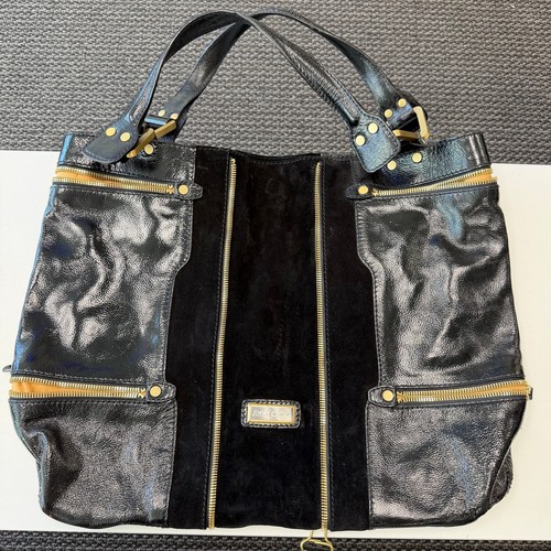 Vtg Jimmy Choo Mona Large Tote Bag Black Calfskin Leather Suede Gold Hardware
