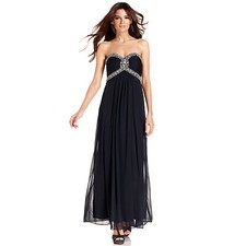 XSCAPE ~ Navy Chiffon Jeweled Bodice Empire A-Line Evening Gown 6 NEW $209