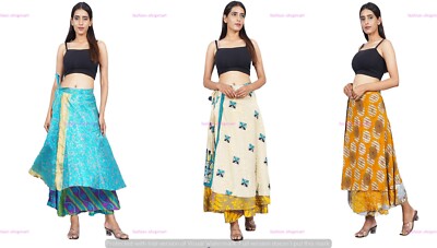 5 PC Lot Vintge Silk Skirt India Wrap Around Printed Two Layer Log Silk Skrit