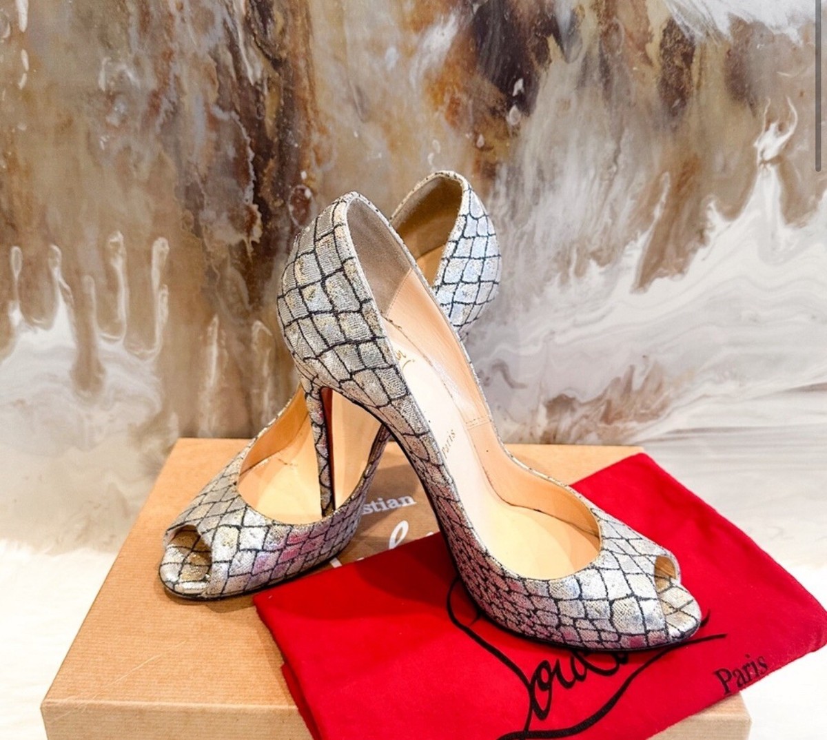 Christian Louboutin Youpi 120 Lurex Silver Gold Fabric Peep Toe Heels 39
