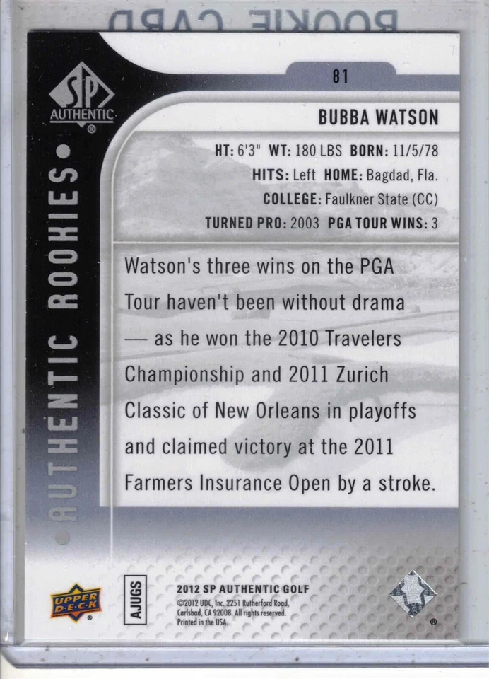 2012 UD SP Authentic PGA golf Bubba Watson Rookies RC rookie /999 card #81 - Image 2 of 2