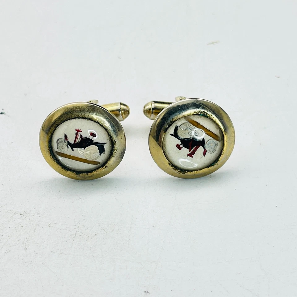 Gemelos Coche Antiguo Reverso Vidrio Pintado Tono Dorado Foto 2 de 4