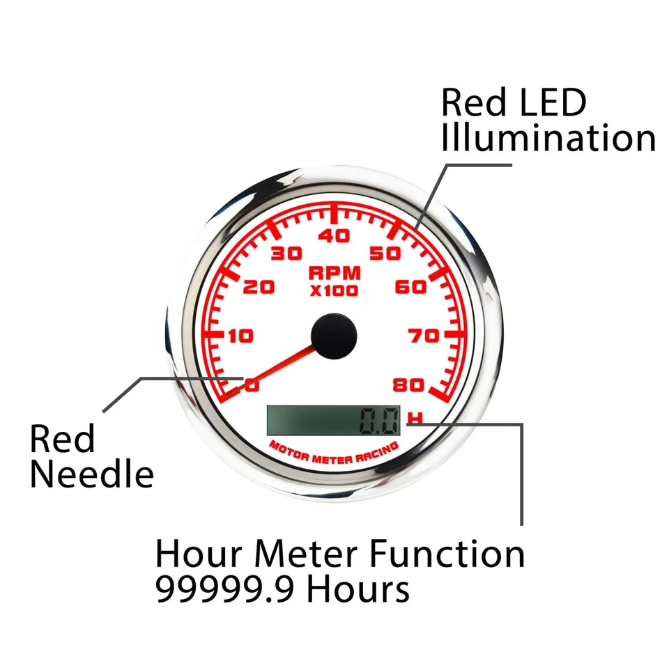 W PRO 85mm Tachometer 8000 RPM Hour Meter Waterproof Car Marine Boat Gas Diesel - Image 4 of 4