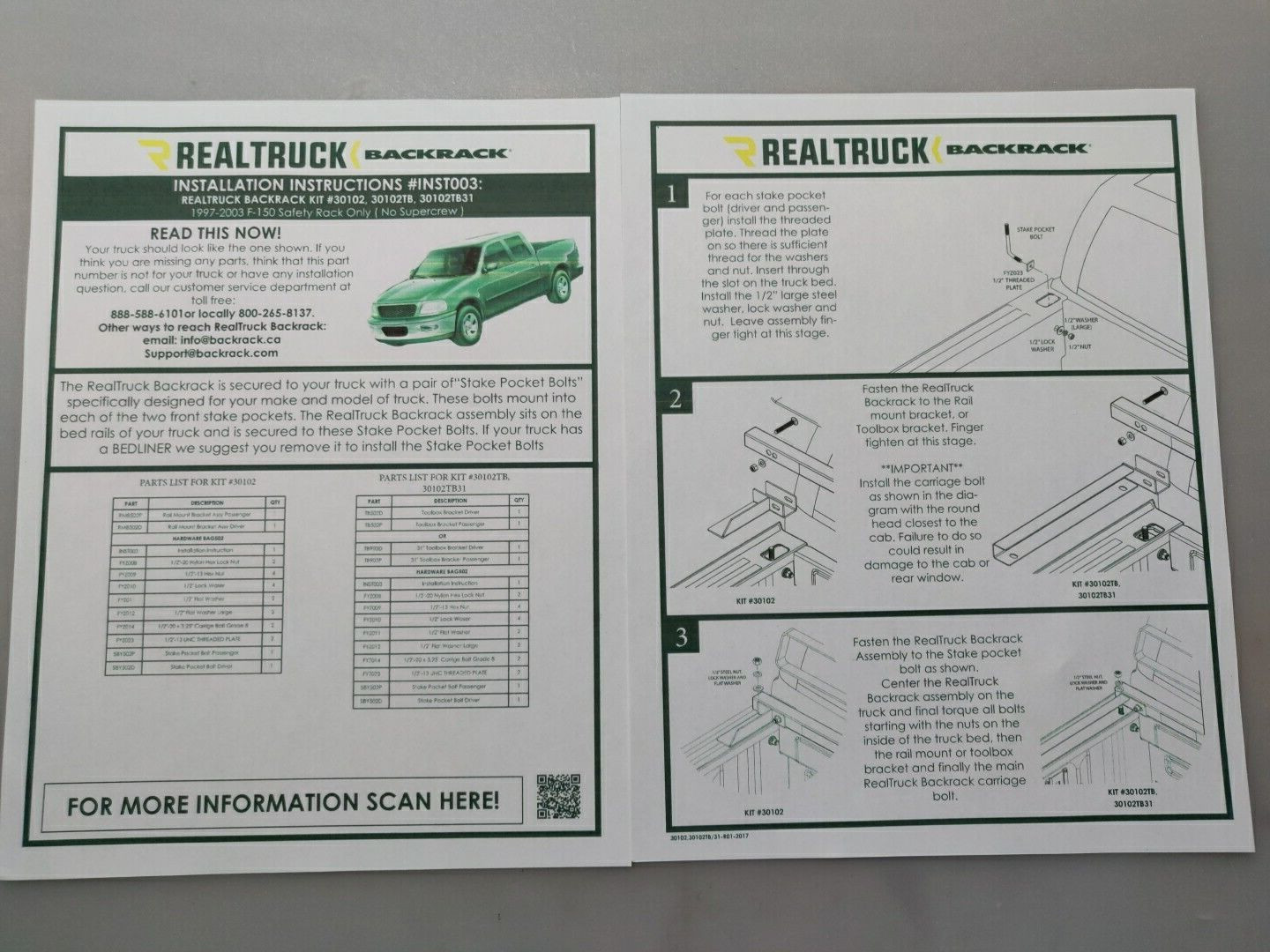 Backrack 30102 Installation Bracket & Hardware Kit 97-03 F-150 *NOT SUPERCREW*