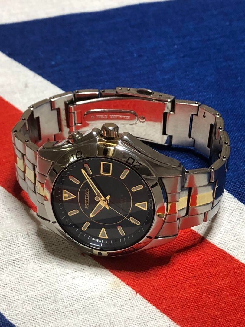完動 SEIKO KINETIC ALL BLACK 裏スケ 5M62-0BP0 Seiko Kinetic 5M62-0BF0 Automatic Black Watch From Japan BNB