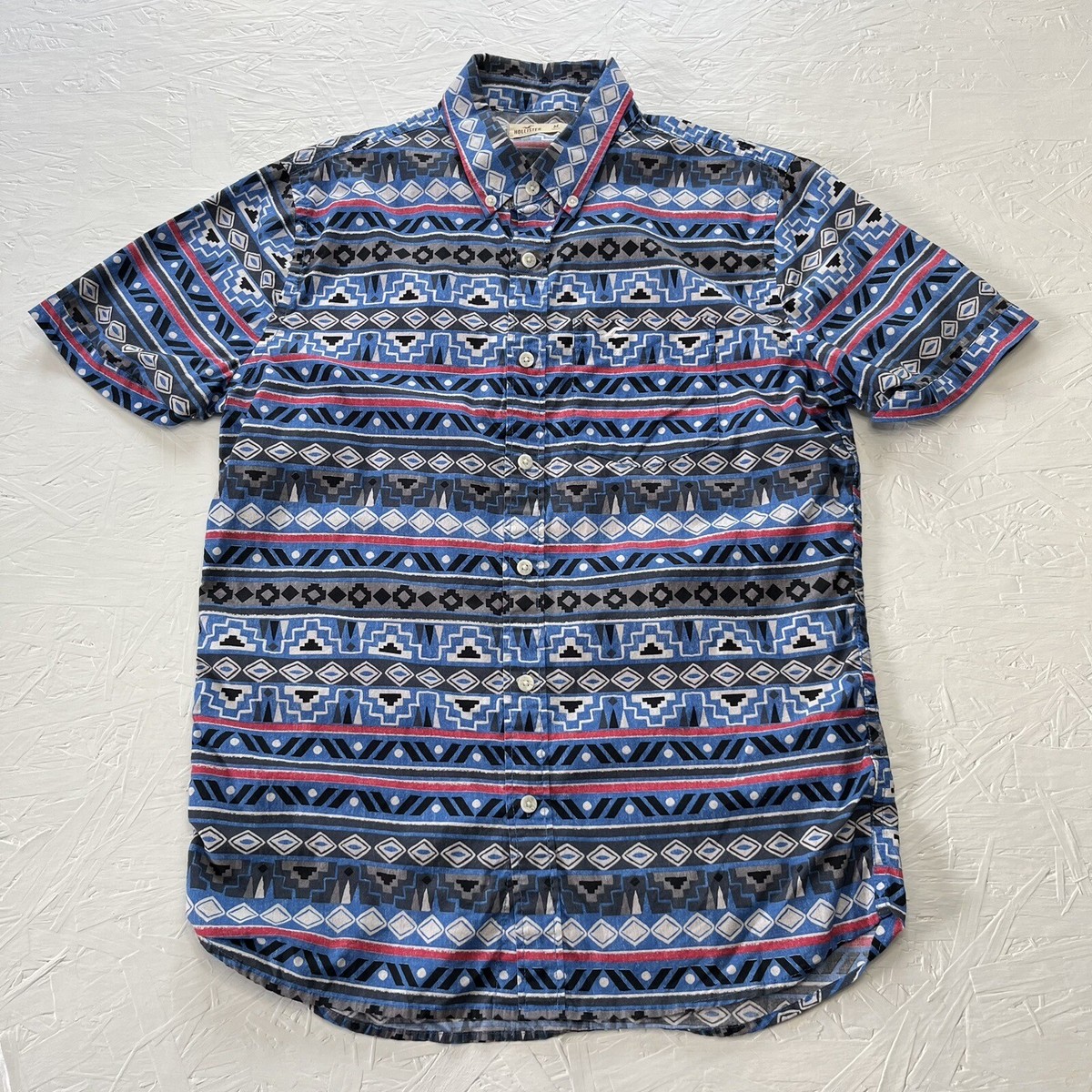 Hollister Mens Medium Button Down Shirt All Over Aztec Print Blue
