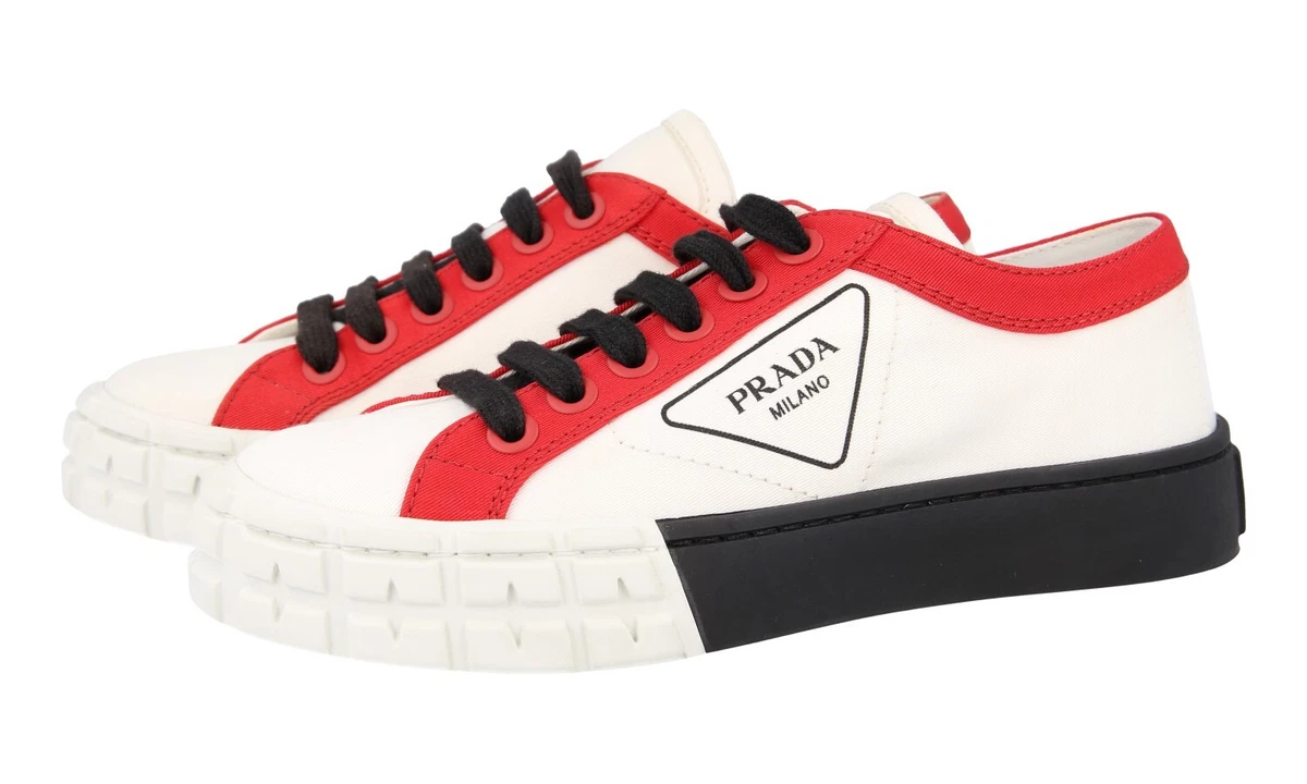PRADA Canvas Cassetta Wheel Sommer Sneaker - 1E939L - Weiss Rot NEU - 37