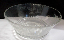 Vintage Floral Etched Clear Glass Footed Bowl