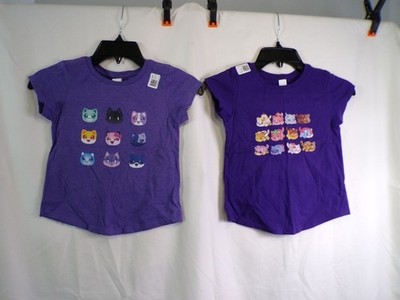 Lot of 2 DISTRICT Girls XS Purple Graphic T-Shirts Cat Face Short Sleeve