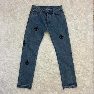 MNML FLEUR DE LIS EMBROIDERY STREETWEAR SKATER RETRO PREMIUM DENIM JEANS SIZE 32