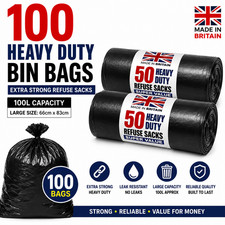 100 Heavy Duty Black Bin Bags 100L Refuse Sacks Extra Strong Large Waste Liners