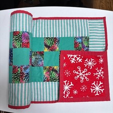 Handmade Quilted Table Runner 13x57 Green Red Striped Snowflake Reversible Artsy