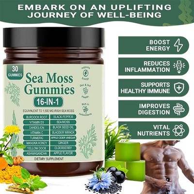 16 in 1 Organic Sea Moss Gummy | Irishmoss Extract 6000Mg | Green Apple Flavor