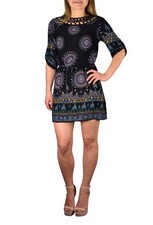 Bohemian Paisley Waist Tie Caftan Tunic Floral Mini Dress Black Purple Medium
