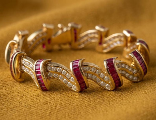 Estate Ruby & Diamond 14K Yellow Gold Over Hinged Statement Wave Chain Bracelet