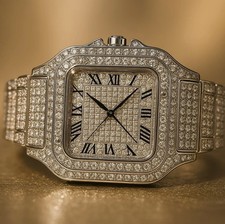 Men's Luxury Iced Out Roman Numeral Watch Silver Fully Diamond Bling Hip Hop