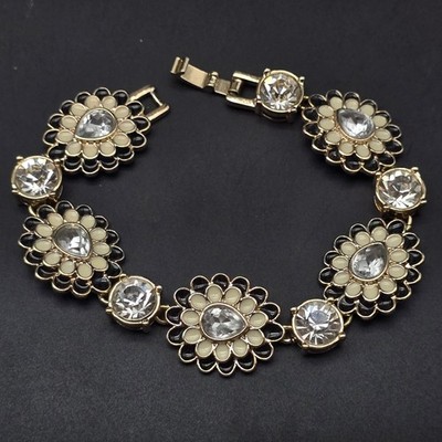 Napier Cream Off White Enamel Flower Bracelet Rhinestones Floral